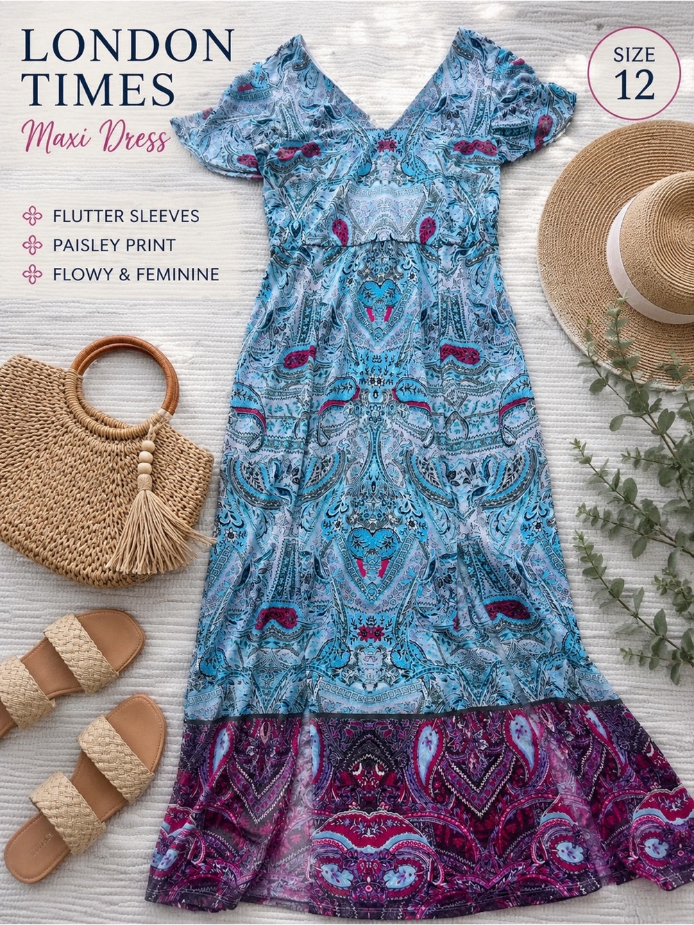 London Times Paisley Maxi Dress Blue Pink Boho Flutter Sleeve 12